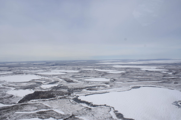 Frozen tundra in early June 2012 on the Mackenzie Delta. Photo by Fletcher Smith.