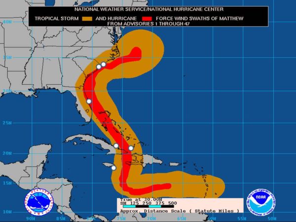 Location of satellite tagged black-bellied plovers (white dots) during Hurricane Matthew. Image courtesy of NOAA National Weather Service/National Hurricane Center.